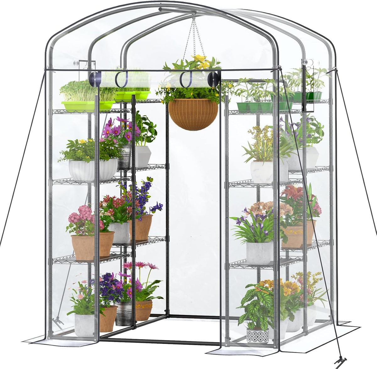 walk-in greenhouse with height-adjustable shelves, heavy duty green, main product view