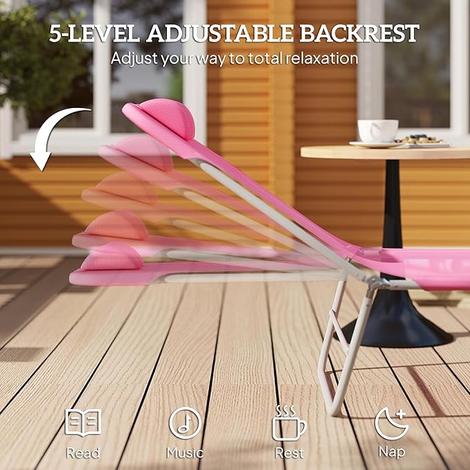 Outsunny Folding Chaise Lounge Chair, Pool Sun Tanning Chair, Outdoor Lounge Chair with Reclining Back, Breathable Mesh Seat, Headrest for Beach, Yard, Patio, Pink