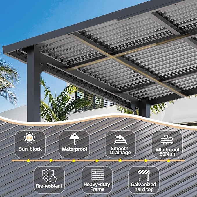 AECOJOY 10' x 10' Hardtop Gazebo Outdoor Pergola, Heavy Duty Lean to Metal Pergolas and Gazebos Clearance, Wall-Mounted Grill Gazebo Galvanized Steel Patio Roof Awnings for Patio, Decks