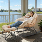 Papasan Rocking Chair with Ottoman, Oversized Papasan Chair, Beige | Indoor & Outdoor Rocker Chair with Padded Cushion for Living Room, Patio, Garden