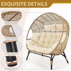 NICESOUL Indoor Outdoor Double Egg Chair with Ottoman Padded Cushions, 57.1" Plus Size XL Wicker Lounge Chair Deep Seating with Footrests, 2 Person Loveseat for Patio Porch Balcony Cream Beige