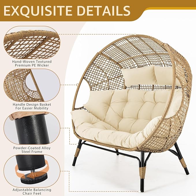 NICESOUL Modern Double Egg Chair with Footrest & Padded Cushions, 2 Person Wide Wicker Lounge Chair with Deep Seating, 57.1" Extra Large Stationary Loveseat Cozy Cream Chairs for Inside Outside