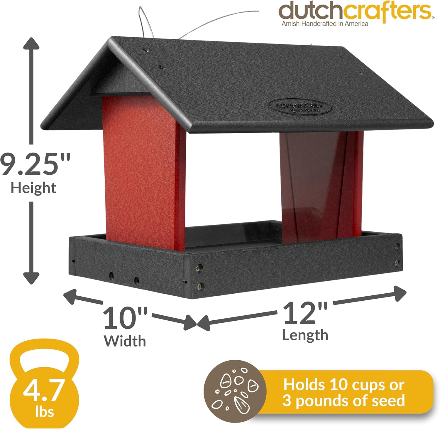 Poly Hanging Hopper Bird Feeder, Large Bird Feeder for Outside, Outdoors - Amish American Made (Hanging, Black & Red)