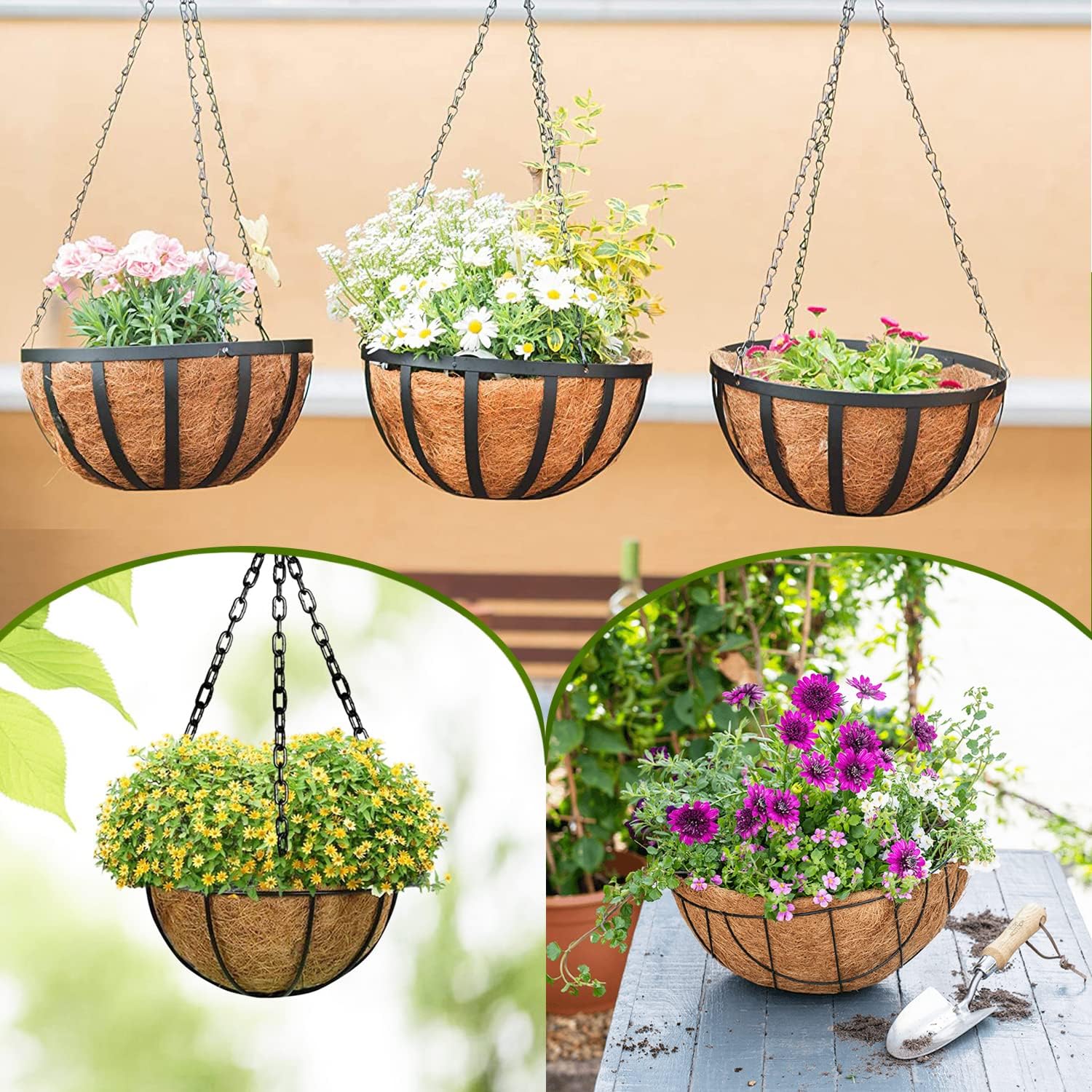 LCHUANG Coco Liners for Planters - 6 Pack 8 Inch Round Hanging Basket Liners, 100% Natural Coconut Fiber Replacement Liners for Hanging Baskets Planters Flowers, Plants, Vegetables (8'' Pack of 6)