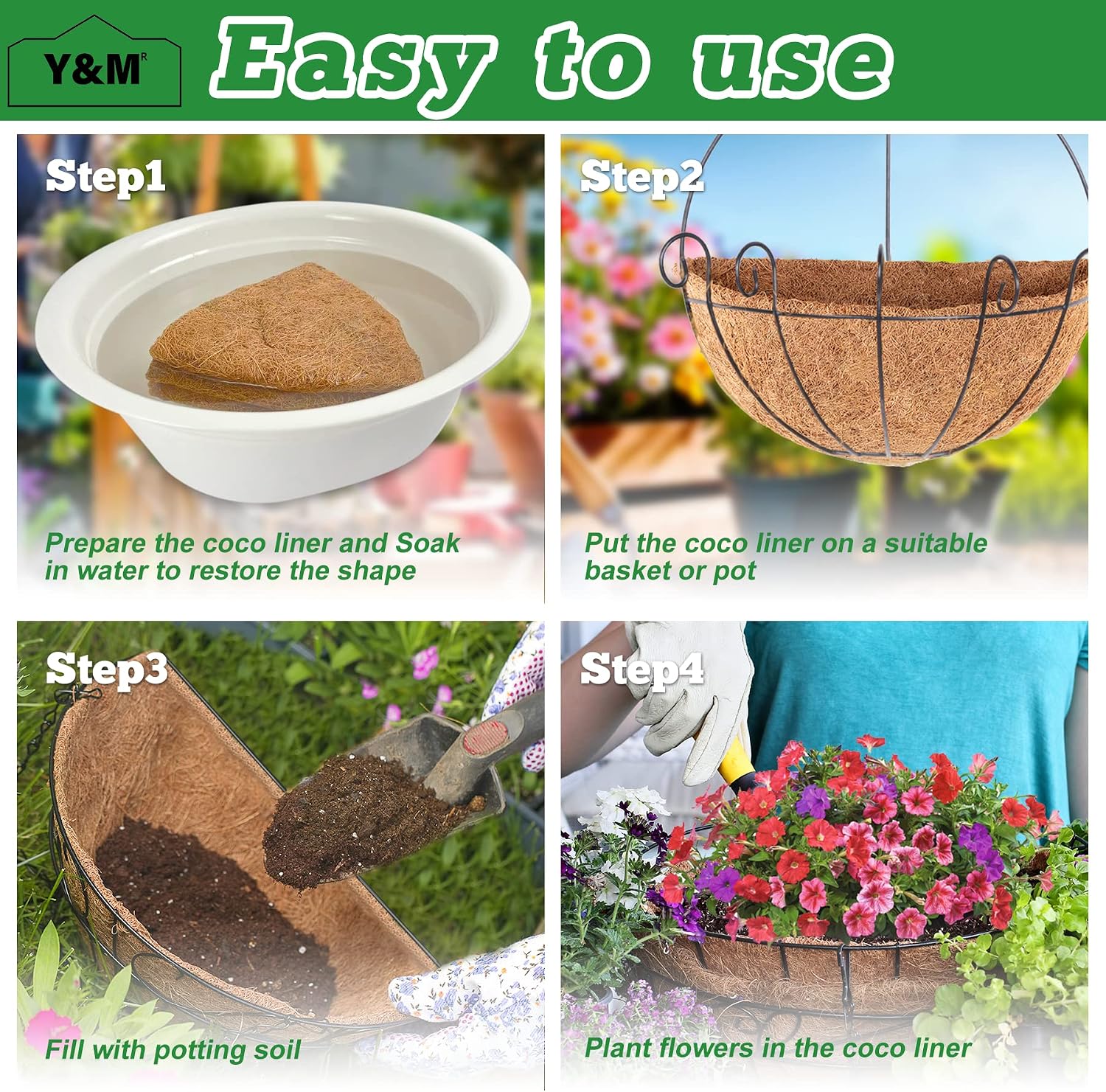 Y&M 2PCS 16" Half Round Coco Liner Pre-Formed Thick Replacement for Wall Basket Planter