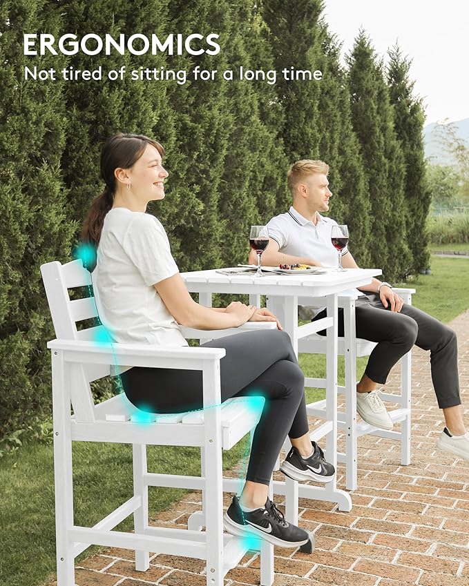 SERWALL Tall Adirondack Bar Chairs and Table 3 Pieces Set, Adirondack Bar Height Chairs Set of 2 and Bar Table, Outdoor Bar Stools Set for Bistro, Poolside, Backyard, White