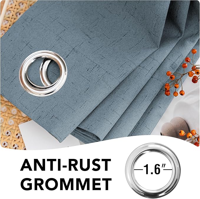 H.VERSAILTEX Primitive Linen Curtains 100% Blackout Curtain Drapes Burlap Curtains with White Thermal Insulated Liner, Grommet Top Drapes Living Room/Bedroom (2 Panels, 42 x 45 Inch, Stone Blue)