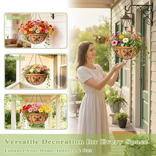 4 Pack 14 Inch Hanging Baskets for Plants Outdoor Metal Hanging Planter Hanging Flower Baskets with Coco Fiber Liners Chain Round Wire Plant Holder Hanging Flower Pots(Butterfly)