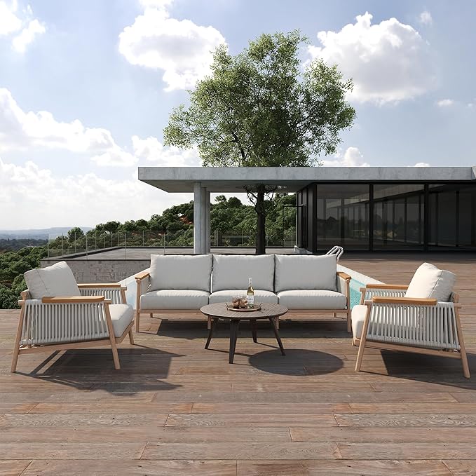 Acanva Modern All-Weather Aluminum Outdoor Patio Sofa with Thick Cushions, Olefin Fabric Sunroom Backyard Furniture, Couch Light Khaki