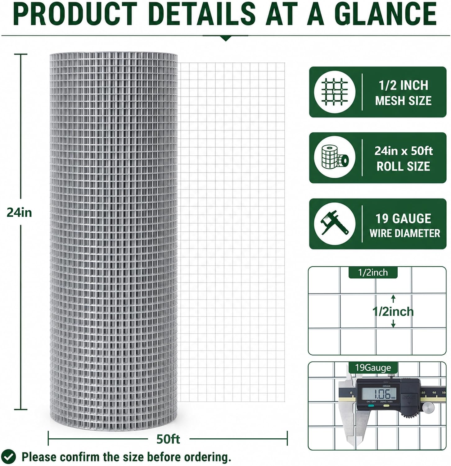 Hardware Cloth 1/2in 24inx50ft Hot Dip Galvanized 19 Gauge Chicken Wire | Fencing Roll Poultry Animal Netting Cage Screen Chicken Coop Accessories Garden Plant Supports