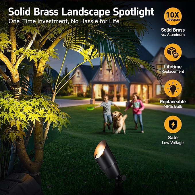 Gardenreet LED Spot Light Outdoor - Die-Cast Brass 12V Uplighting Waterproof, Low Voltage Landscape Lights Metal, Black for Fence Fountain with Bright White MR16 Replaceable Bulbs (12 Pack)