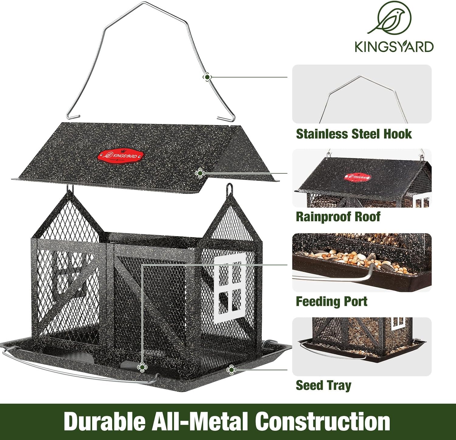 Kingsyard Metal Bird Feeder for Outdoors Hanging, 2-in-1 Wild Bird Feeder with Seed Tray & Built-in Perch, 5 lb Large Capacity for Cardinal Chickadee Finch, Black