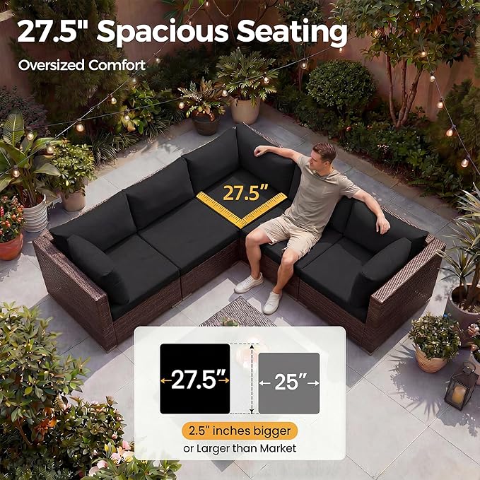 NICESOUL Outdoor Patio Furniture Set with Fire Pit Natural Gas/Propane, 29.3'' High-Back XL Large Conversations for Exteriors, 9-Seater Wide Deep Seating Rattan Sectional Sets, Brown and Black