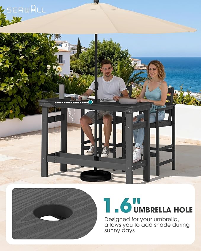 SERWALL 41" Outdoor Bar Table with 1.6" Umbrella Hole, HDPE Patio Bar Counter Height Table, All-Weather Rectangle Bar Table for Backyard, Garden, Poolside, Balcony - Grey
