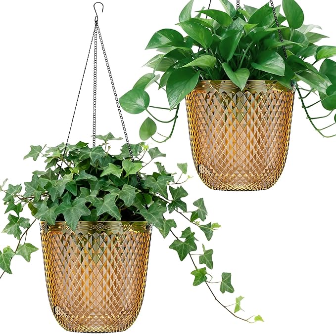 QCQHDU Self Watering Hanging Pots, 2 Pack 5.7 Inch Hanging Planters for Plants Indoor, Outdoor Flower Pots with Drainage Holes and 3 Hooks Chains for Garden Home (Gold)