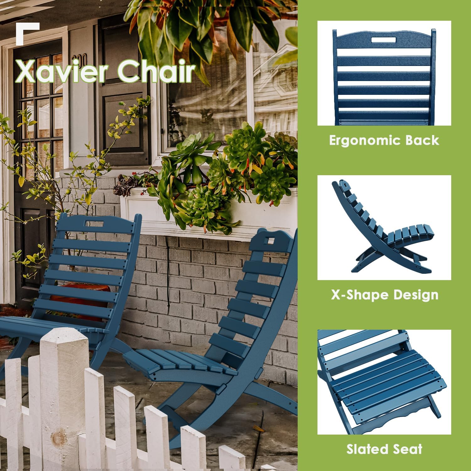 GREENVINES Folding-Xavier-Adirondack-Chairs Set of 2, HDPE Plastic, Blue | No Assembly Needed | Portable | All Weather | Low Maintenance for Fire Pit Outdoor Poolside In-pool Patio Deck | Wave