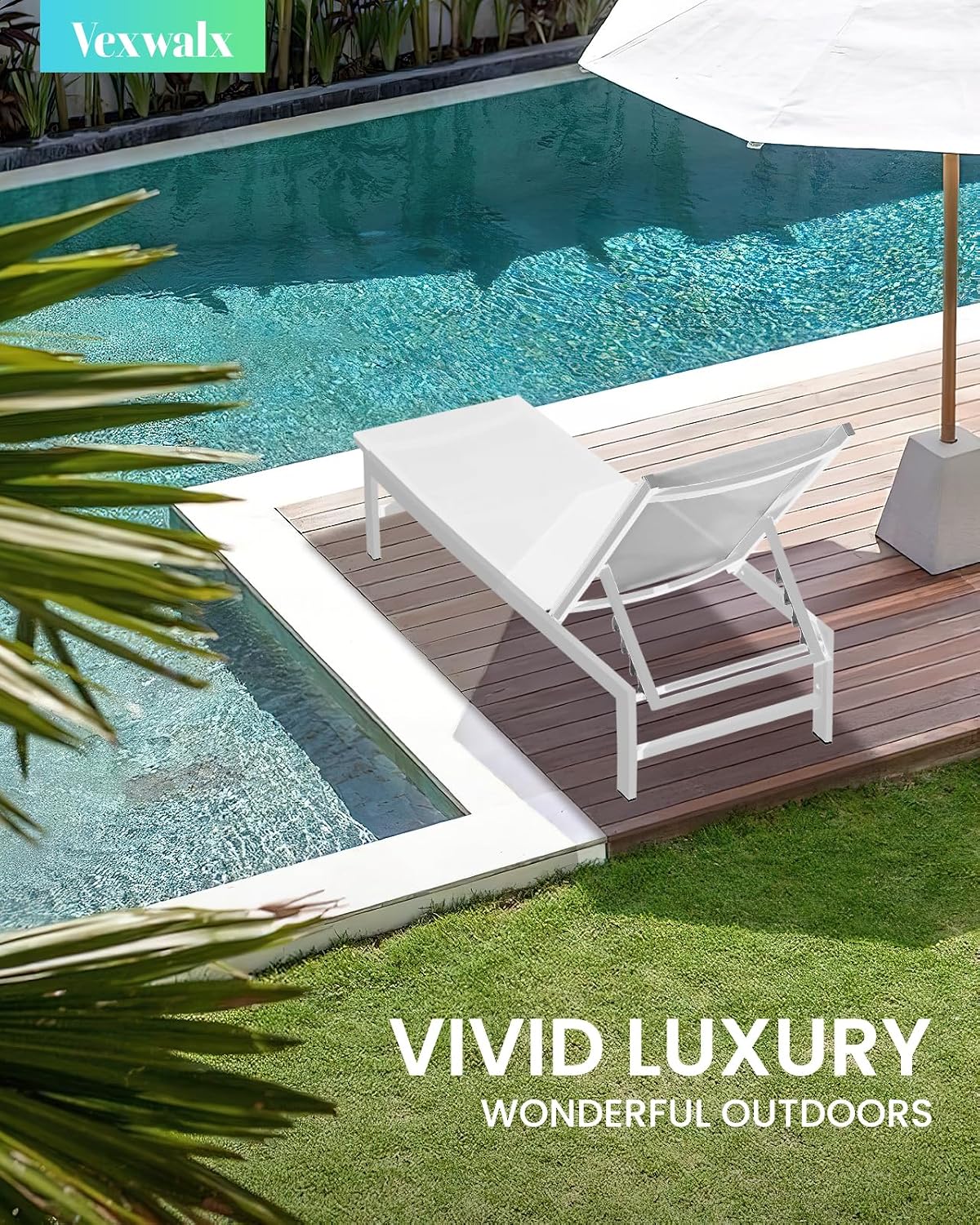 Vexwalx Pool Lounge Chairs Set of 2, Aluminum Lounge Chair Outdoor with 5-Position Recliner, Patio Chaise Lounge Outdoor for Backyard, Poolside, Deck (White)