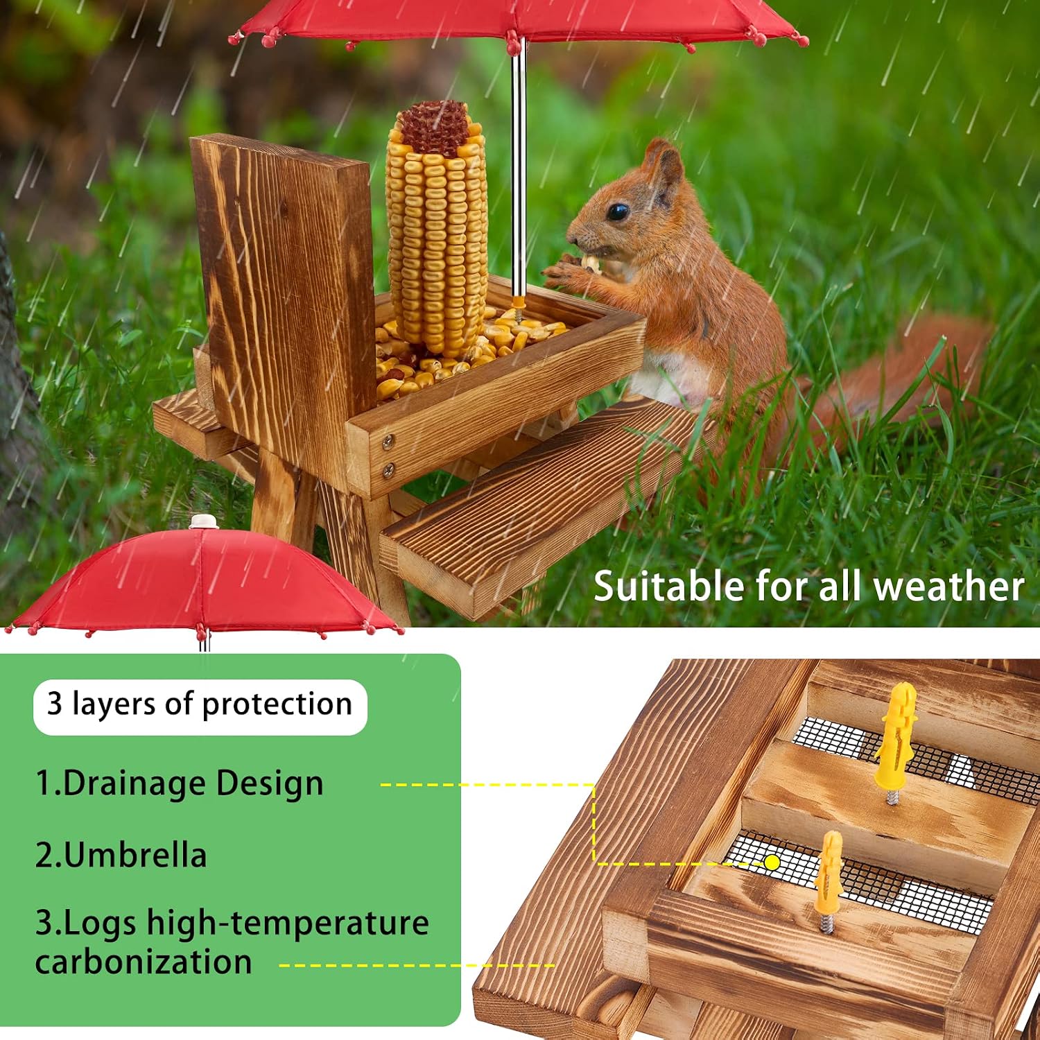 Squirrel Feeder Picnic Table with Tall Umbrella, Wooden Squirrel Feeders for Outside, Cute Chipmunk Feeder with Corn Cob Holder, Solid Structure, Thick Wood (Rustic Brown with Red Umbrella)
