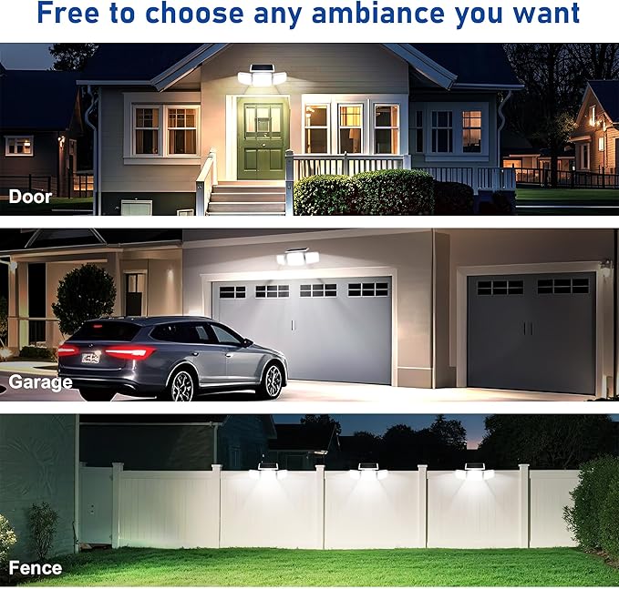 White Solar Security Light Outdoor Super Bright LED, Motion Sensor Solar Flood Light, 3 Heads 270° Wide Angle, Remote Control,IP65 Waterproof, 3 Modes (4 Packs)