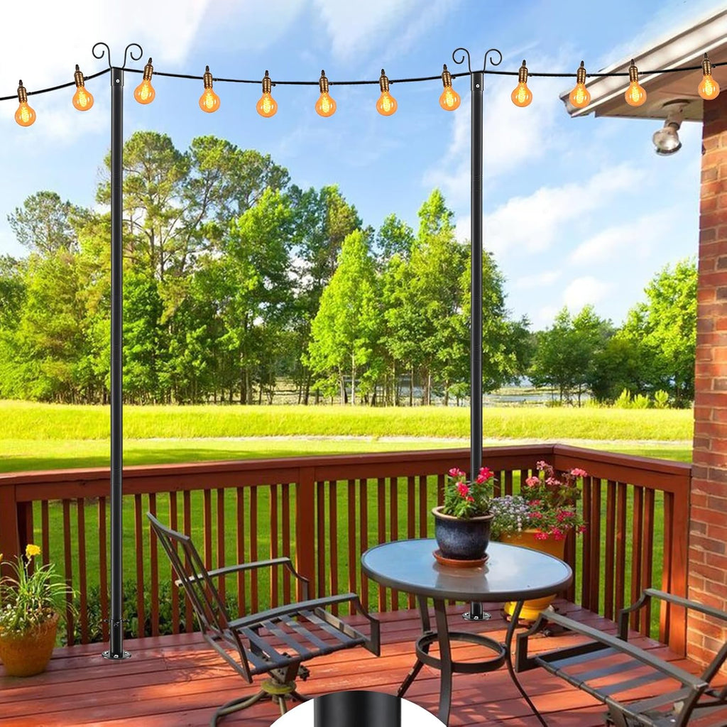 8FT Heavy Duty String Light Poles for Ground (2Pack) | Adjustable Metal Poles for Outdoor String Light Hanging with Flange Base, Backyard, Garden, Patio, for Party