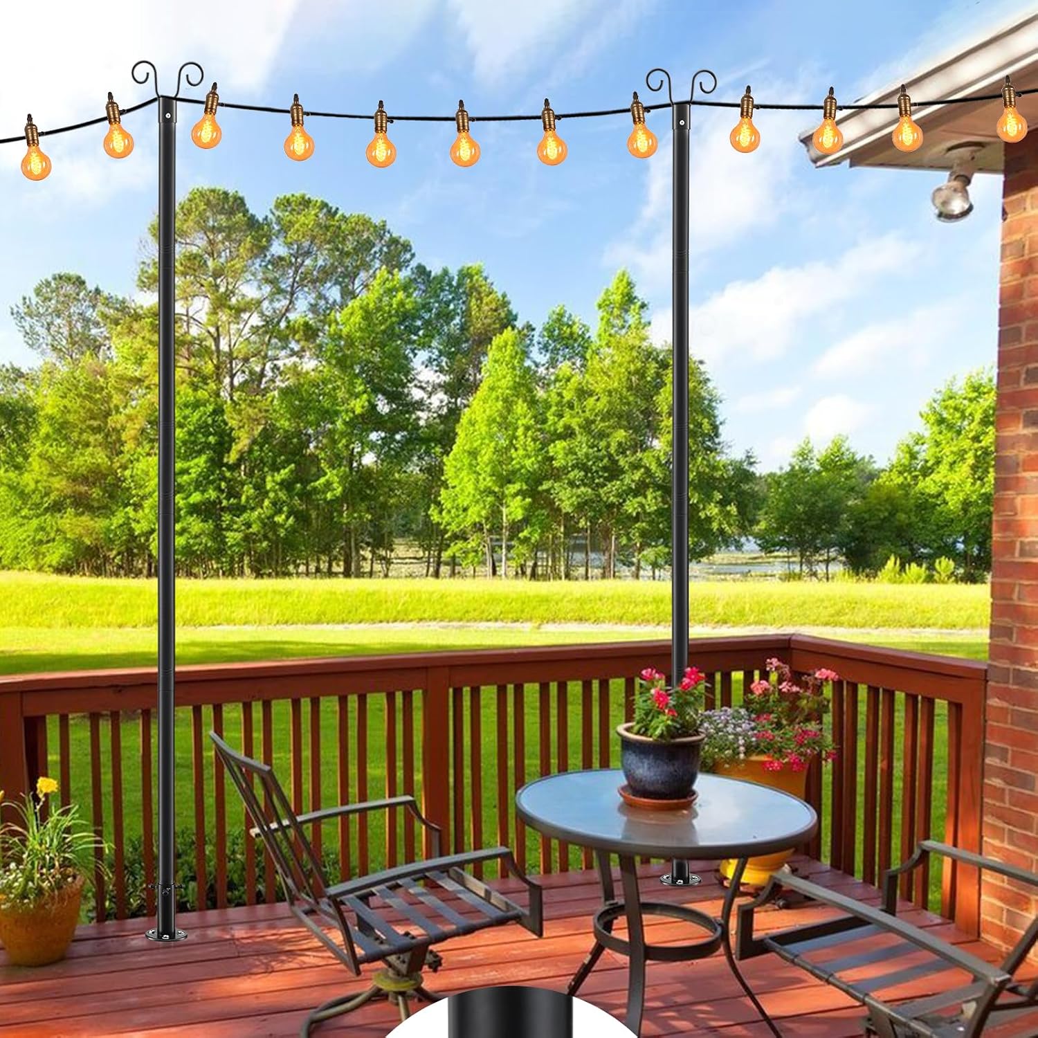 8FT Heavy Duty String Light Poles for Ground (2Pack) | Adjustable Metal Poles for Outdoor String Light Hanging with Flange Base, Backyard, Garden, Patio, for Party