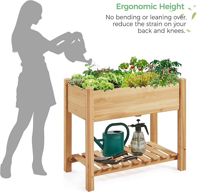 Yaheetech 34x18x30in Horticulture Raised Garden Bed 2pcs Planter Box with Legs & Storage Shelf Wooden Elevated Vegetable Growing Bed for Flowers, Backyard, Patio, Balcony, Light Brown