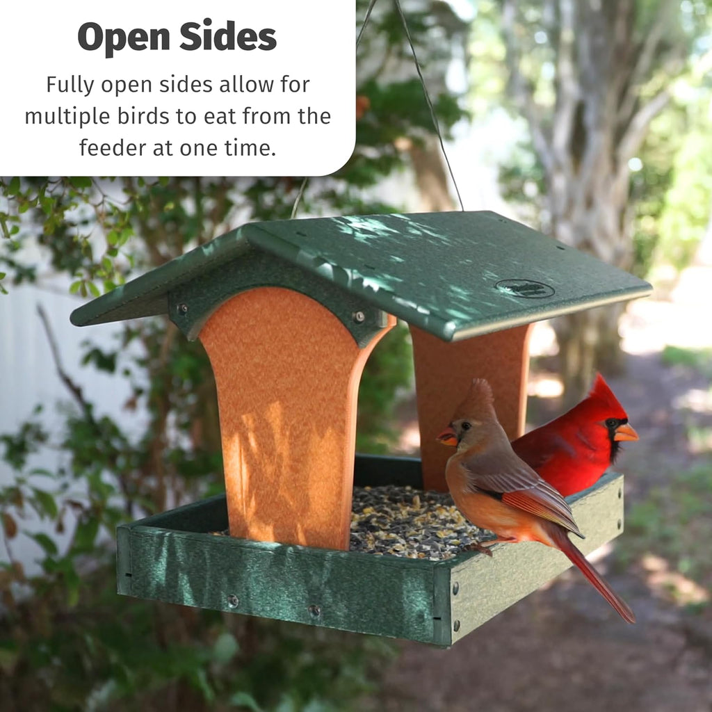 DutchCrafters Plastic Poly Covered Roof Hanging Fly Through Bird Feeder Open Side Platform Seed Tray for Outside Outdoor Garden - Amish American Made in USA (Turf Green & Cedar)