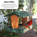 DutchCrafters Plastic Poly Covered Roof Hanging Fly Through Bird Feeder Open Side Platform Seed Tray for Outside Outdoor Garden - Amish American Made in USA (Turf Green & Cedar)