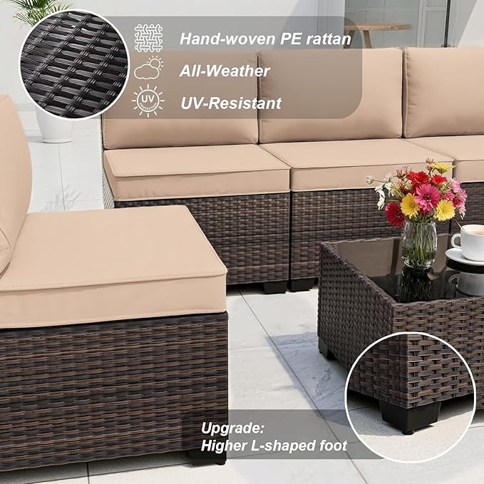 ALAULM Patio Furniture Set with Coffee Table, 9 Pieces Outdoor Sectional with Wide Seat and Thick Cushion, All Weather Wicker Rattan Conversation Set for Backyard, Garden, Deck, Sand