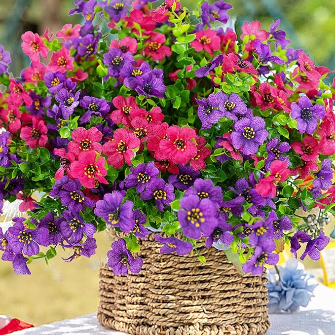 Artificial Flowers for Outdoor, UV Resistant Fake Silk Flowers, Realistic Faux Plants for Outside Indoor Porch Patio Window Box Planter Home Decor (14, Purple Rosy)