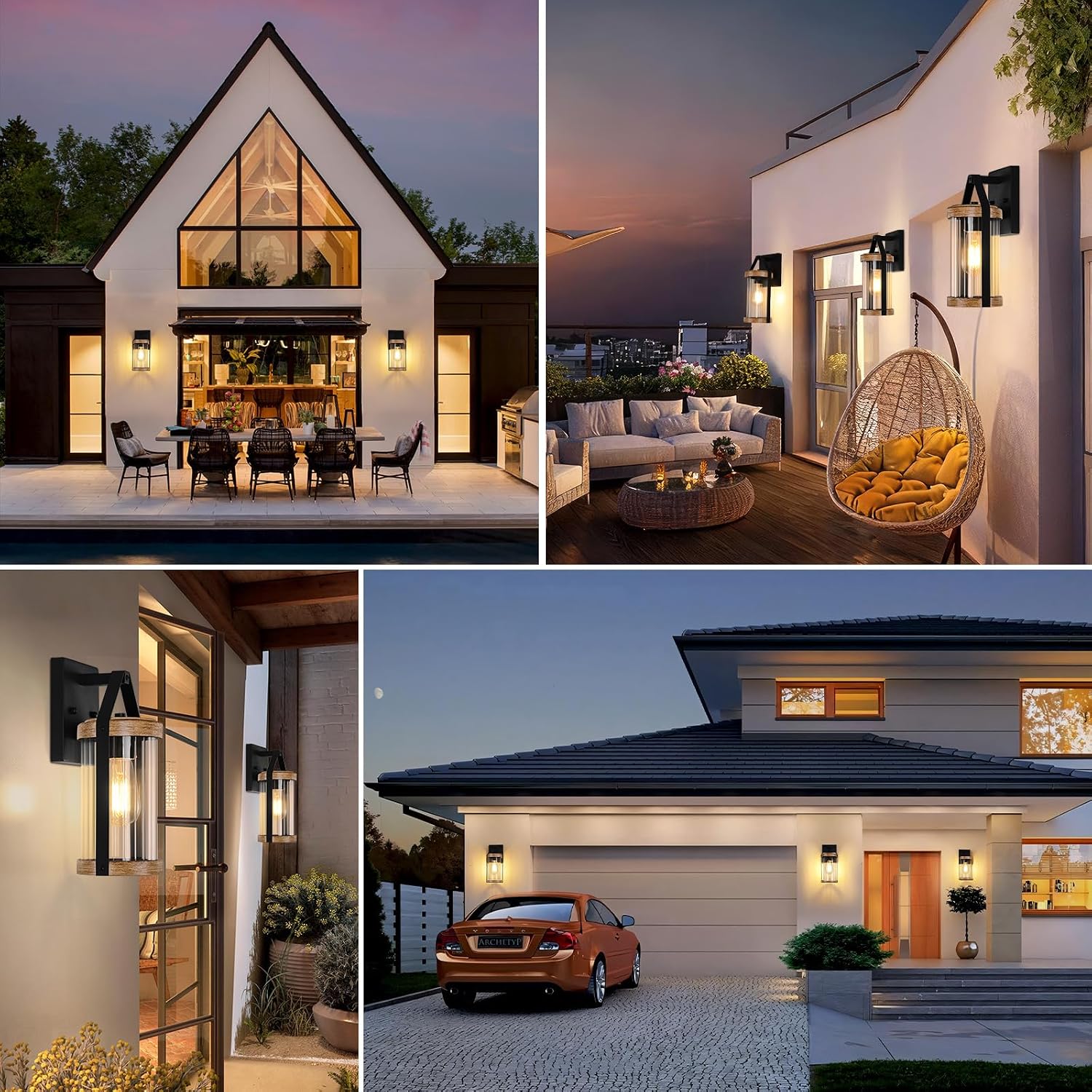 2-Pack Outdoor Light Fixtures, Waterproof Modern Exterior Wall Lantern Porch Lights, Black Wall Sconce with Clear Ribbed Glass, Outside Light with Wood Texture for House, Bulbs Not Included
