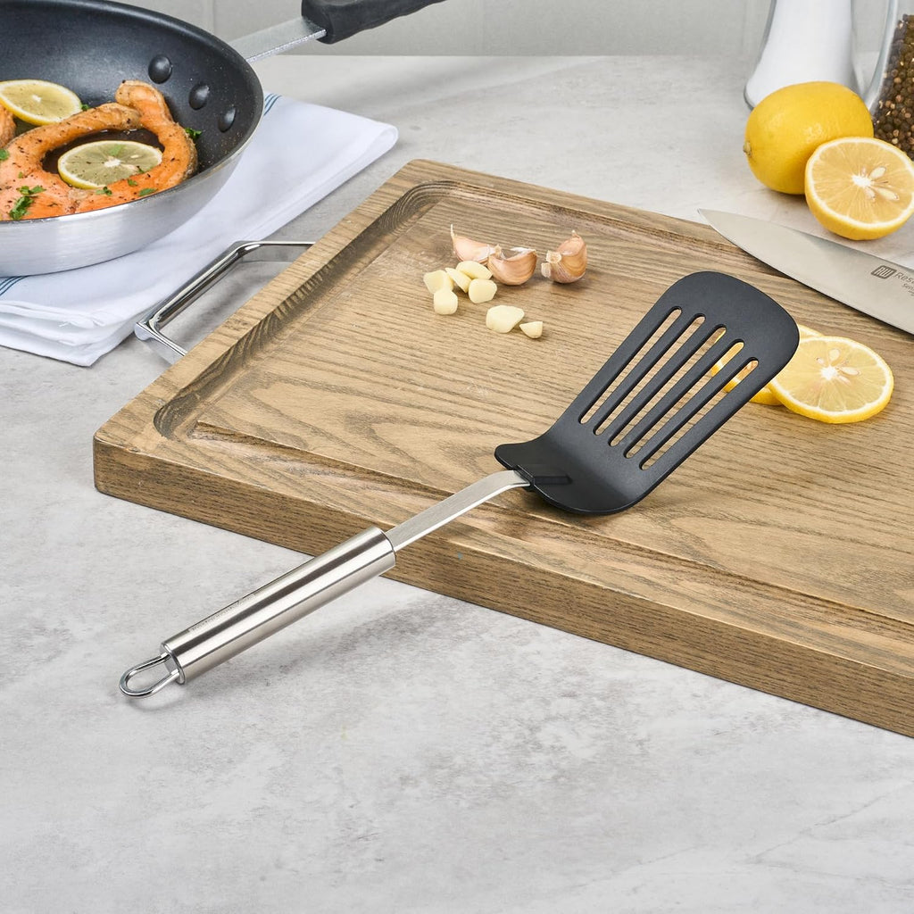 Restaurantware Nylon Slotted Turner - 6 Pack - German Standard Large Kitchen Spatula with Stainless Steel Handle, Non-Stick Safe, Dishwasher Safe - Heat-Resistant Slotted Spatula for Eggs, Fish