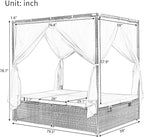 Patio Chaise Lounge, Gray PE Rattan Outdoor Patio Wicker Sunbed Daybed with Adjustable Seats, Four-sided Canopy, Overhead Curtain and Orange Cushion for Backyard, Garden, Poolside (for 2-6 people)