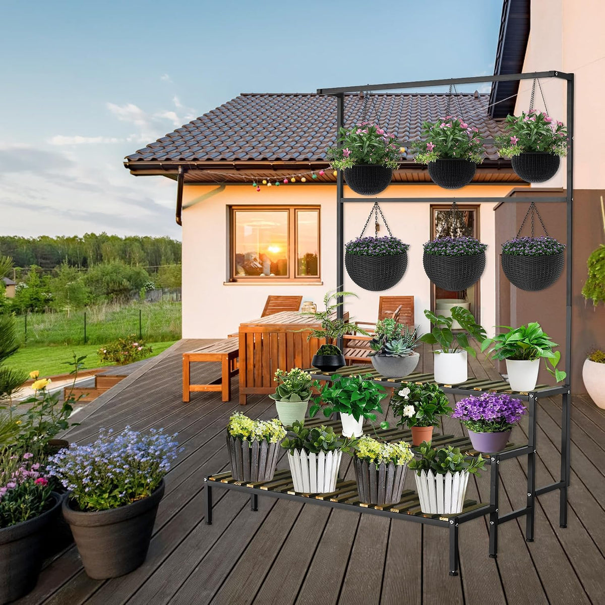 large plant stand, indoor outdoor, hanging with bar showing dimensions
