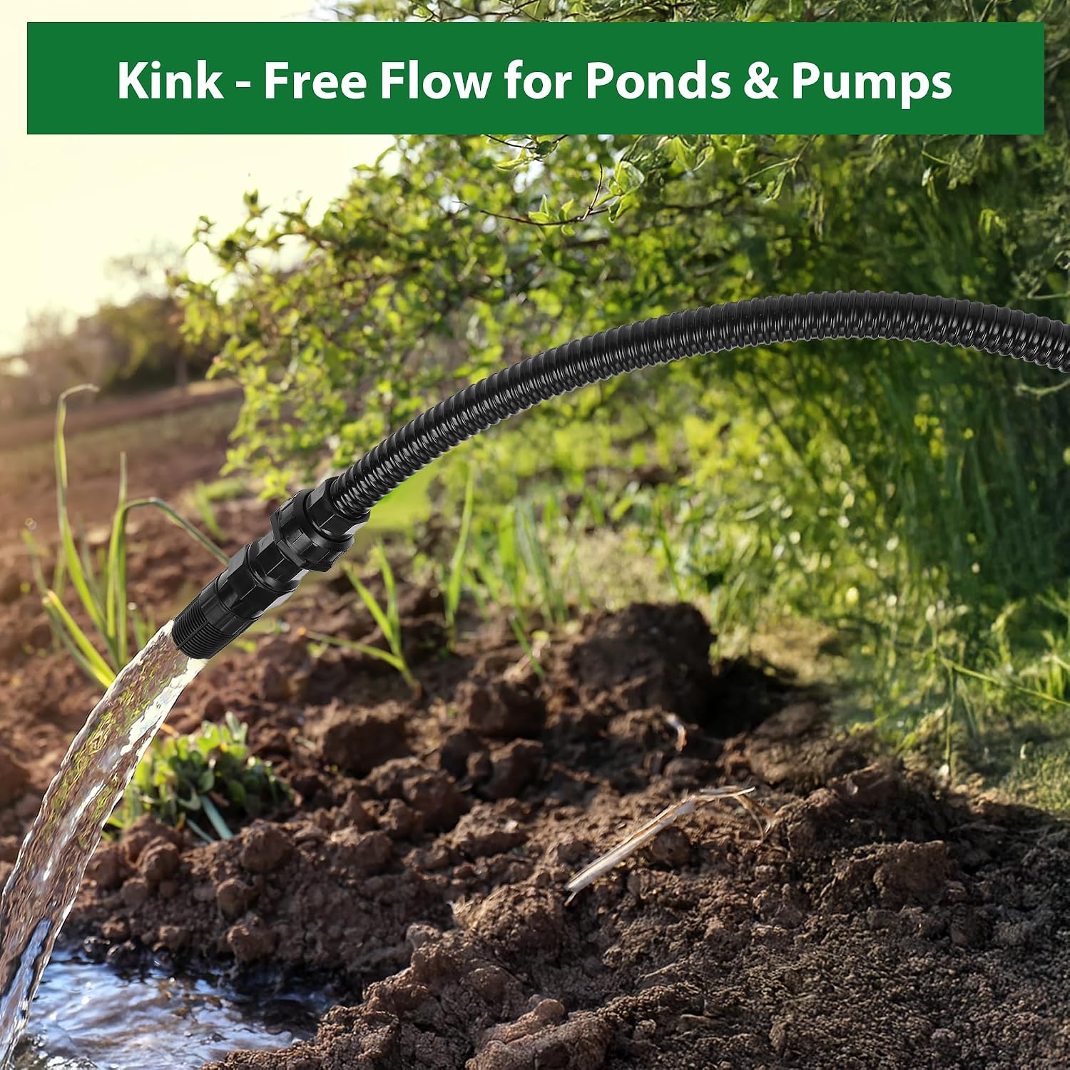 1/2 Inch Pond Tubing – 10ft Heavy Duty PVC Corrugated Pond Hose with 2 Stainless Steel Hose Clamps, Kink-Proof Black Pump Tubing for Garden Ponds, Waterfalls, Filters & Drainage