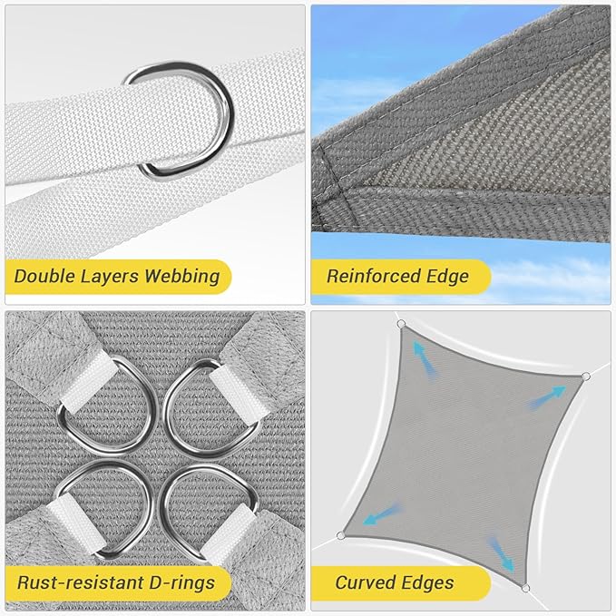HappyTrends Sun Shade Sail,Heavy Duty UV Protection Beach Shade Canopy Wind sail,Tear and Rust Resistant Patio sail Shade for Yard Deck Lawn Garden Rectangle Sunshade(12'x 12',Grey)