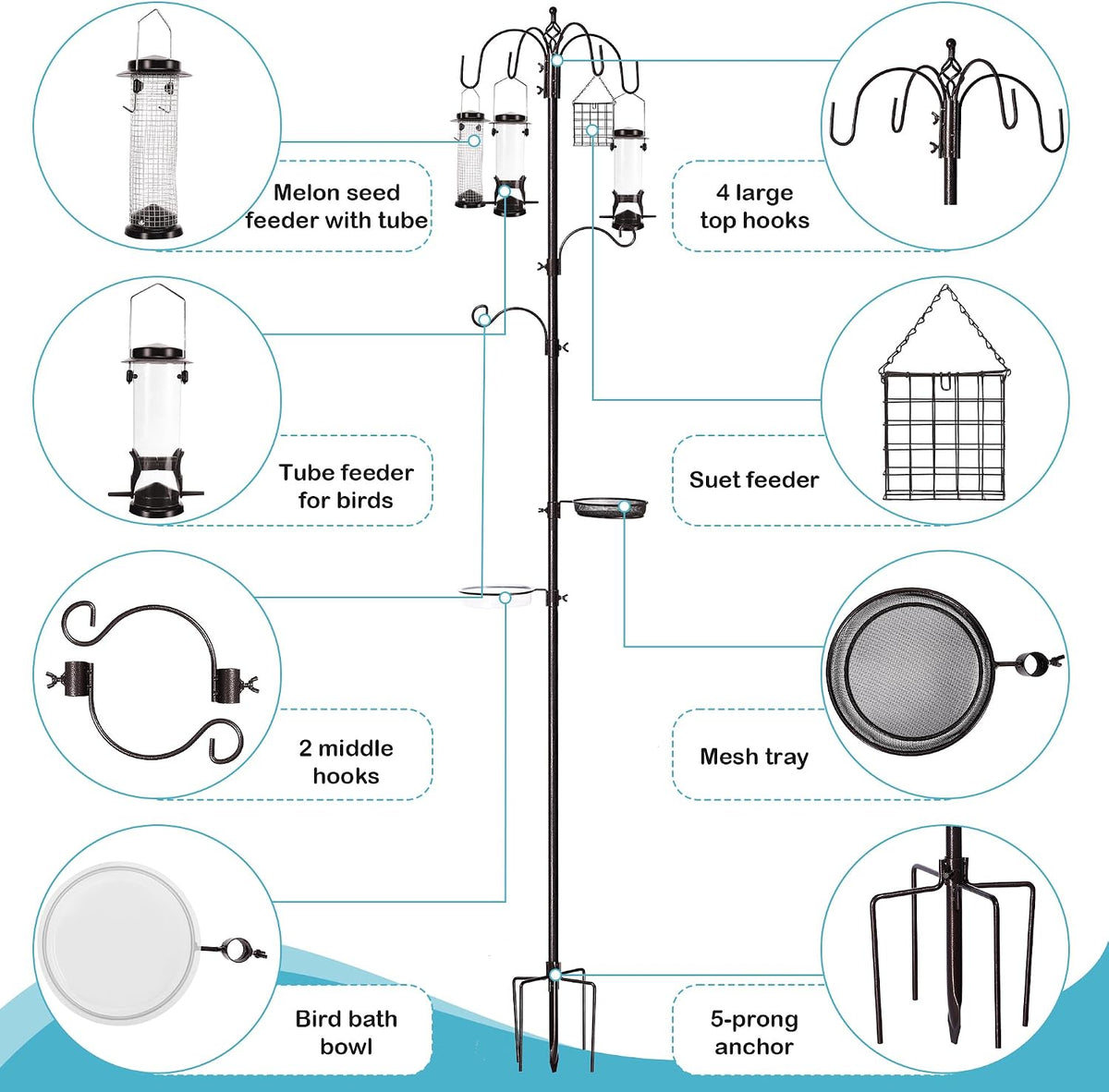 yingym 6-hook bird feeding station, 94 inch bird, close-up detail
