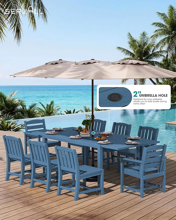 SERWALL 7-Piece Outdoor Dining Set, 60" - 83" Expandable Outdoor Dining Table and 6 HDPE Chairs, All Weather HDPE Outdoor Furniture Set for Backyard, Garden, Blue