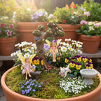 Fairies for Fairy Garden - 4 Piece Set with Tree Swing | Hand-painted resin; includes a puppy; indoor and outdoor use; miniature village ornaments and decor