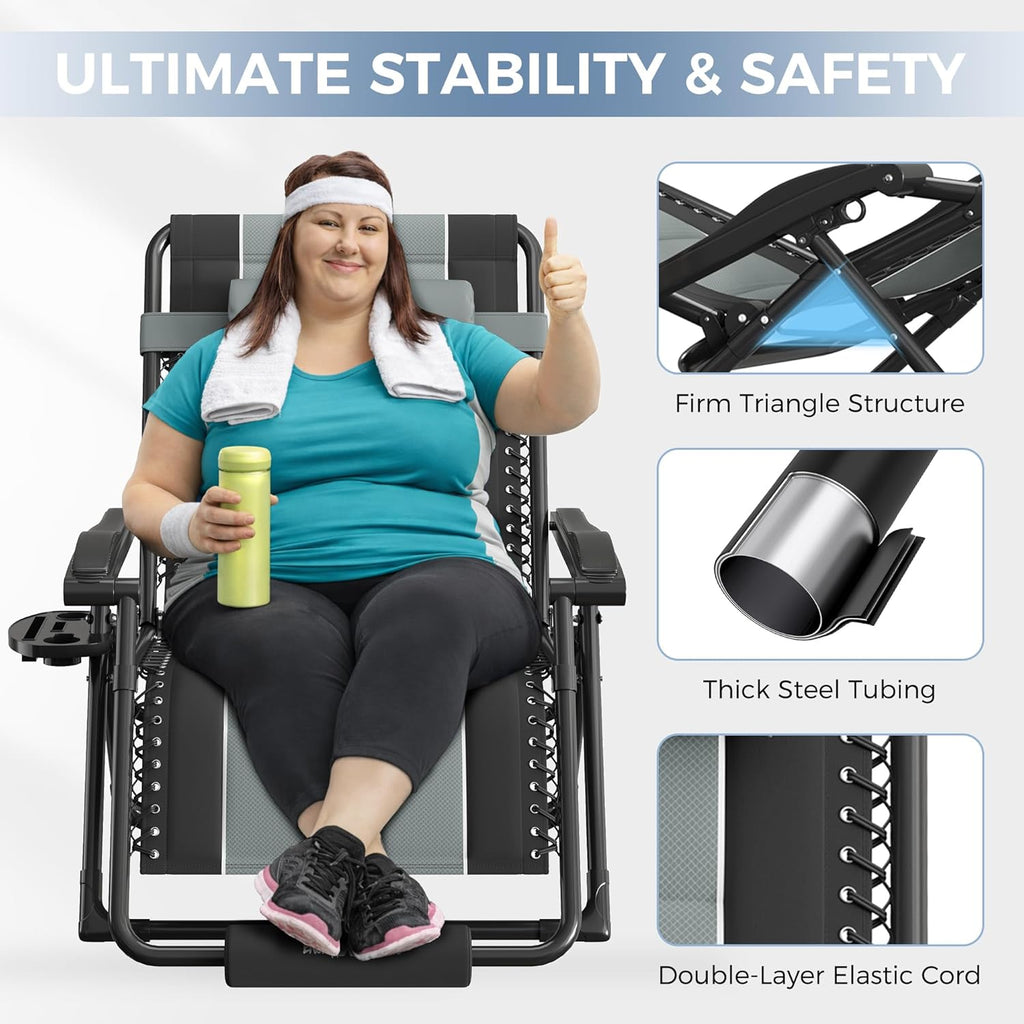 UDPATIO Oversized Zero Gravity Chair Outdoor Patio Folding Recliner | 33in Adjustable Anti Gravity Padded Lounge Chair with Cup Holder, Foot Rest & Headrest for Camping Garden Indoor Black/Gray