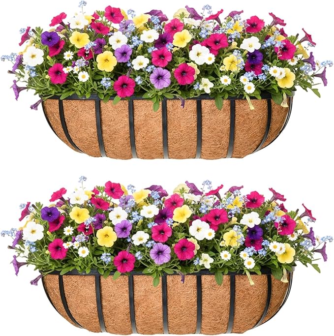 30'' Window Box Railing Planter with Coco Liner,2 Pack Horse Trough Planters Black Metal Hanging Flower Planters Basket for Porch Fence Patio Indoor Outdoor Lawn
