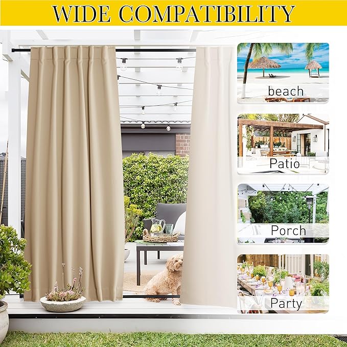 NICETOWN 2 Panels Outdoor Curtains for Patio Waterproof & Windproof, Pocket & Back Tab on Top & Bottom Weighted Drapes Keep Sun/Rain Out with Bonus Rope for Pergola, Biscotti Beige, W52 x L108