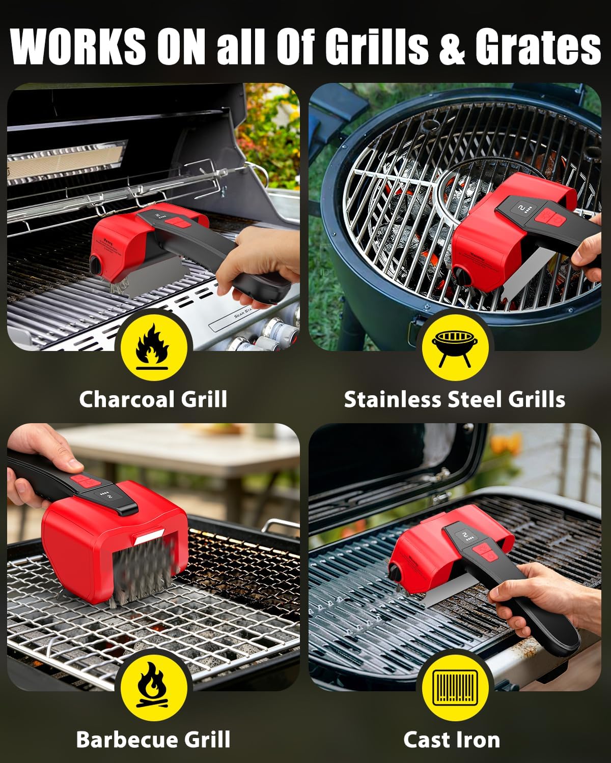 Electric BBQ Grill Brush, 800RPM Automatic Grill Cleaner for Outdoor Grill with 2-Speed & 20kg Torque–4500mAh Battery,LED Light for Night, No Bristle Drop Safe for Cast Iron Stainless,Gift for Men Dad