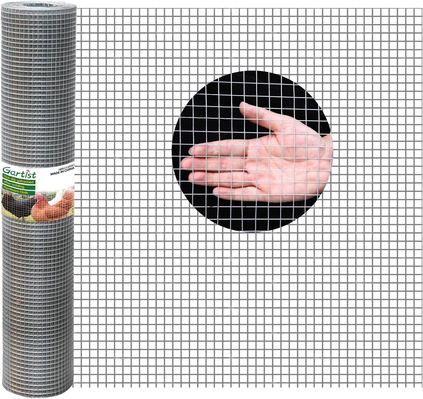 Gartist 1/2inch 16"x50' Chicken Wire Fencing Roll, Galvanized Hardware Cloth, 19Ga Hot-Dip Welded Preventing Snakes, Raccoons and Foxes