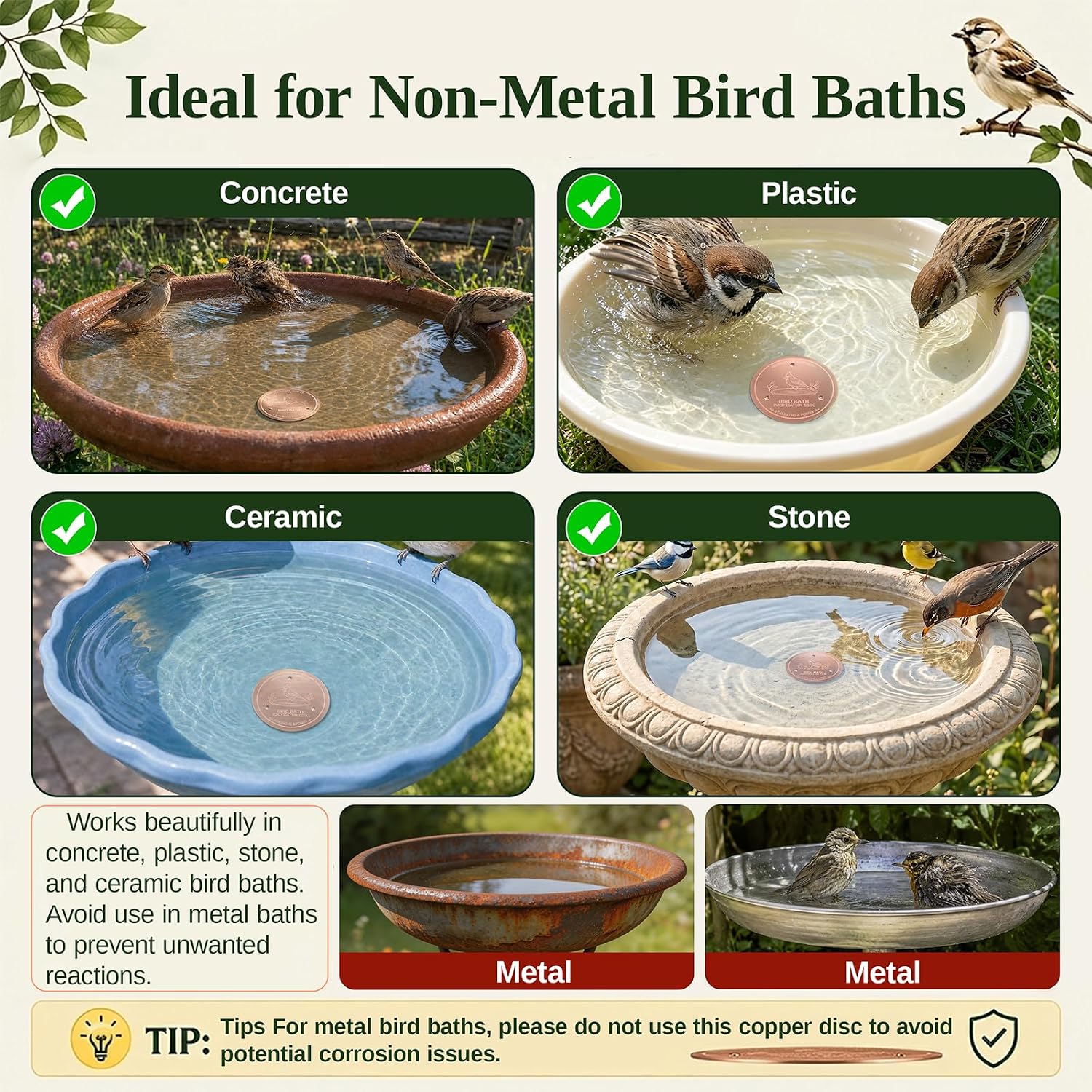 Copper Disc for Bird Bath, 99.9% Pure Copper (Cardinal) | Triple Point Support, Fits Bird Baths & Bowls, Reduces Mineral Buildup, Gift for Bird Lovers, Outdoor Garden Use