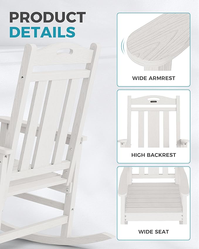 Ciokea Oversized Outdoor Rocking Chairs Set of 2, 380lbs Heavy-Duty Large Patio Rocker, High Back Cozy Porch Chairs, Weather Resistant Patio Rocking Chairs for Outside, Fire Pit, Deck, White
