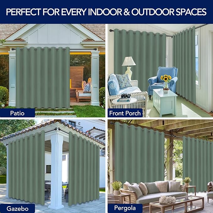 PureFit Outdoor Curtains for Patio Waterproof Weatherproof, UV Resistant Outside Curtains for Gazebo, Front Porch, Pergola, Sun Blocking Privacy Curtain, 120W x 84L inch, 1 Panel, Sage Green