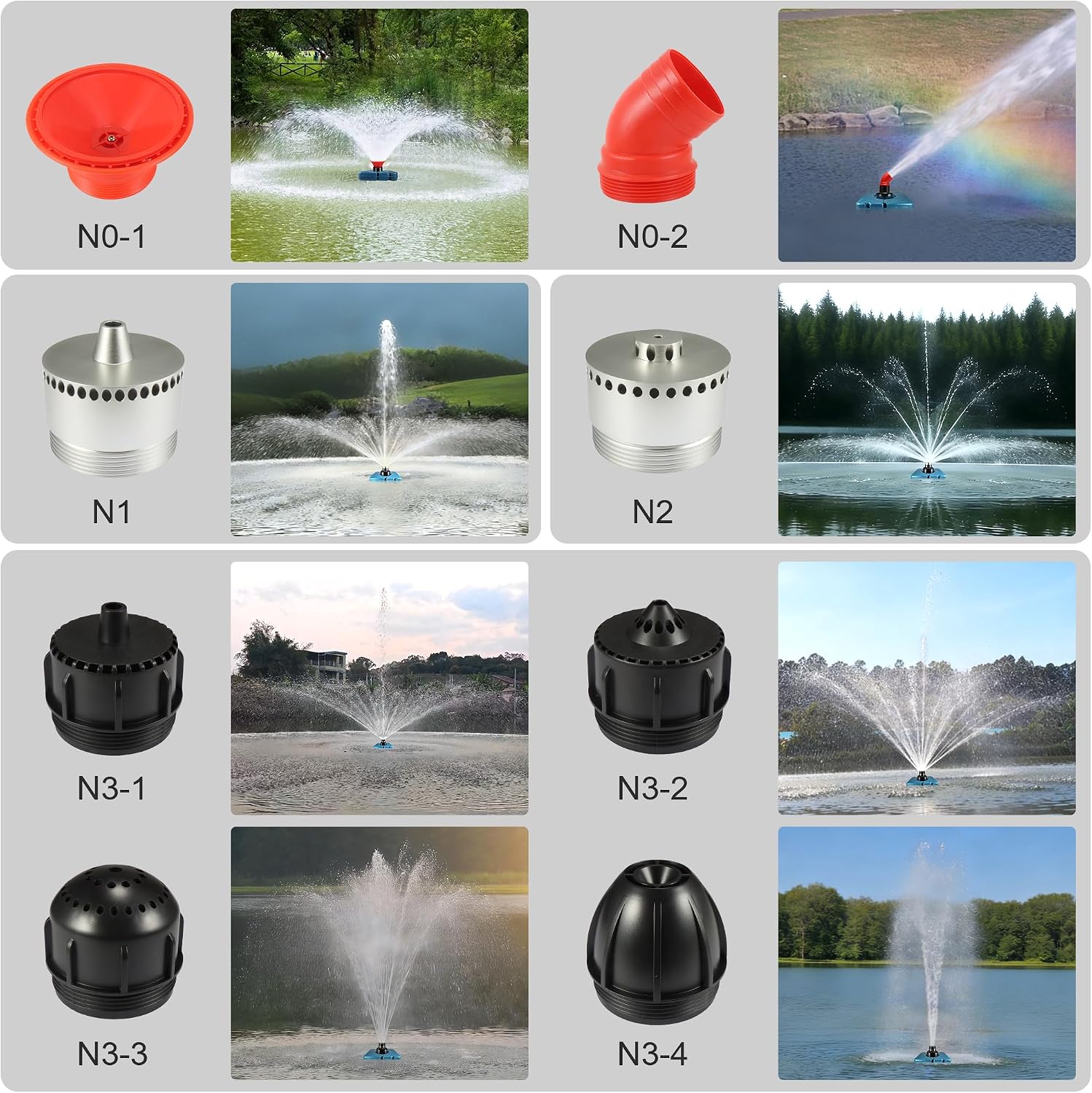 Goldlife Pond Fountain Aerator Nozzle - N3 Nozzle Kit, 4-in-1 Unique Water Flow Modes, Black ABS Water Spray Sprinkler Head, Replacement Fountain Aerator Pump Nozzle for Garden Pond Lake