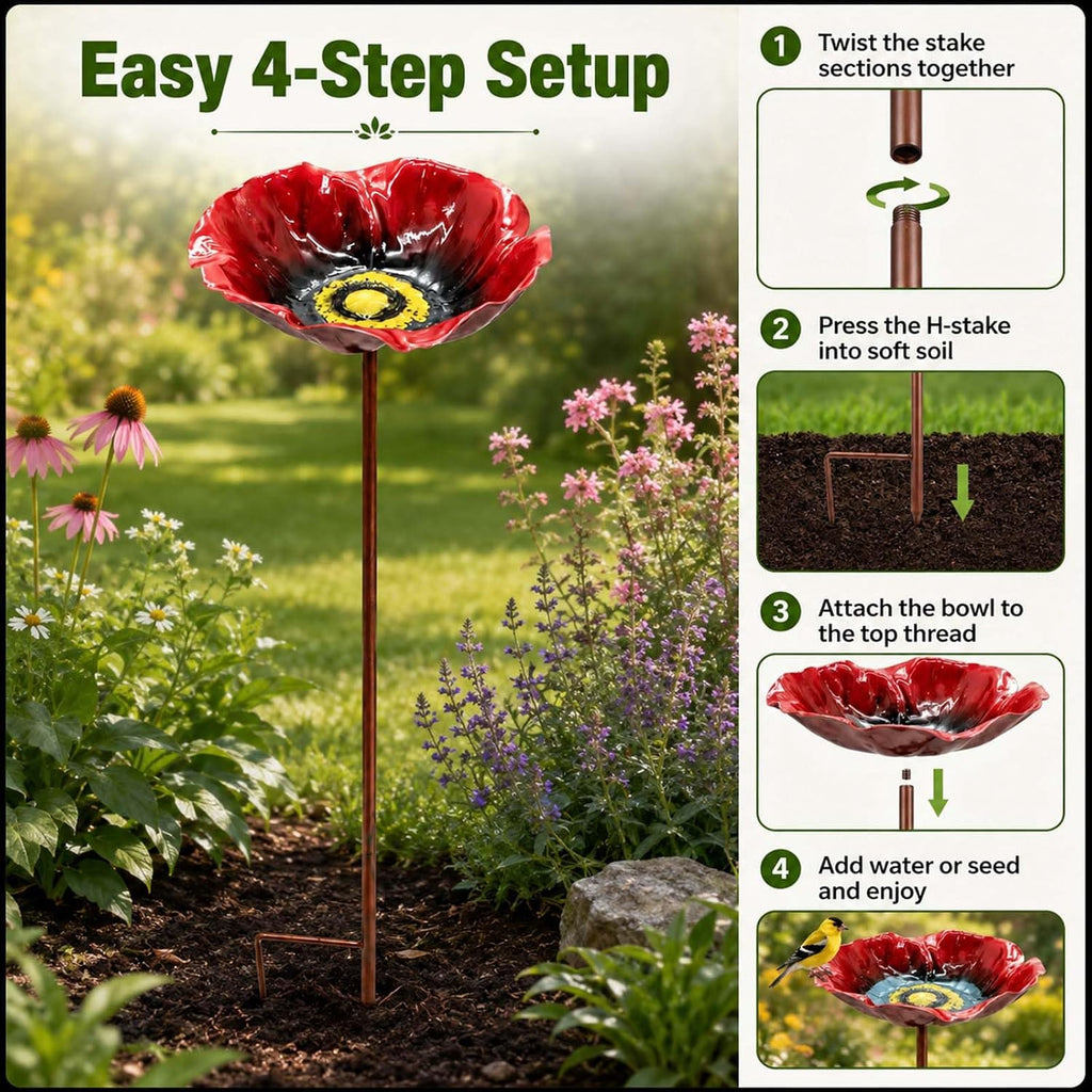 Flower Bird Bath and Feeder, 24.8-Inch Outdoor Metal Stake (Rose red) | Flower-shaped bowl holds water or seed; 3-section metal stake installs tool-free with a stable H-style ground base.