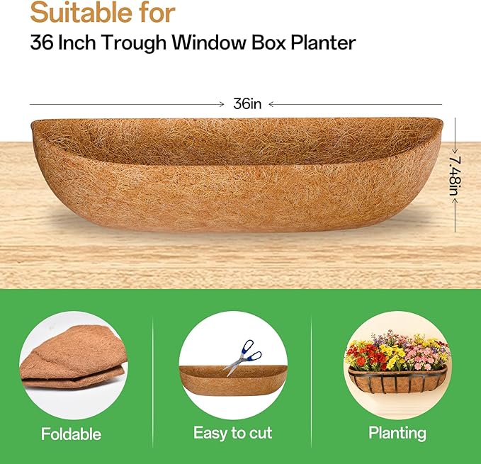 ZeeDix 36 Inch Trough Coconut Liners for Planters (2-Pack) - 100% Natural Coconut Coir Fiber Planter Liners Replacement for Window Boxes, Wall Baskets, Deck Flower Boxes, Garden Railing Fence Troughs